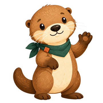 Bud, the brown otter mascot wearing a green scarf and waving
